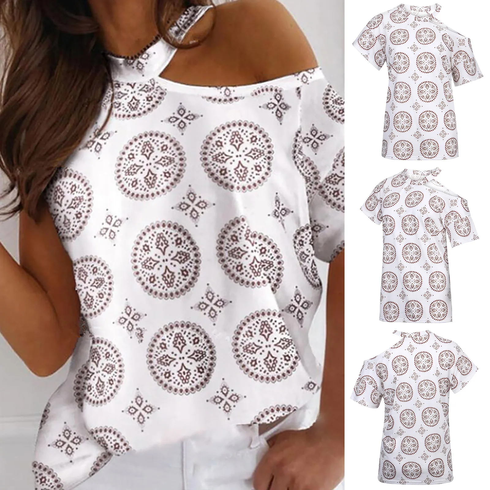 

Women Summer Short Sleeve Halterneck Collar Casual Printed Pullover T-shirt