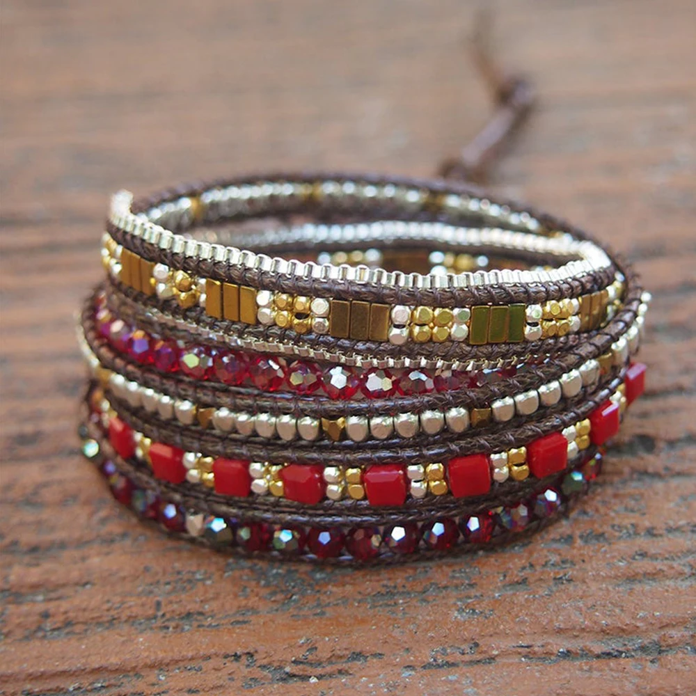 

Boho 5Strands Wrap Bracelets for Women Chains Natural Faceted Crystal Geometric Red Stone Copper Beads Bracelet Fashion Jewelry