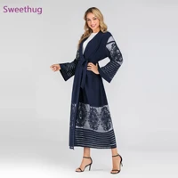 2021 muslim open abaya embroidery mesh dubai long hijab dress women caftan lace up kimono jubah islamic clothing arab outwear