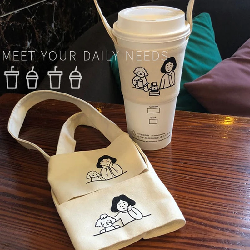 

Portable Water Bottle Holder Carry Bag Coffee Cup Storage Sleeve Cover Canvas Printing Milk Tea Set Drinking Bottle Strap