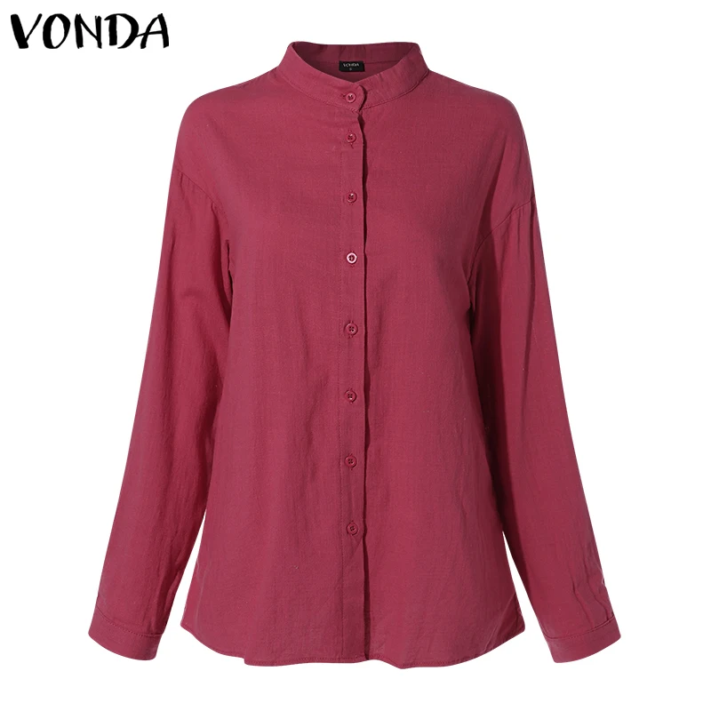 Wine Red VONDA новые женские блузки летние офисные женские белые рубашки с рукавами-фонариками и пуговицами глубокий v-образный вырез белая блузка сексуальные топы размера плюс - Цвет: Wine Red