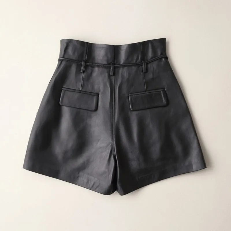 Real Genuine 100% Leather Shorts New 2021 Spring Fall Lace Up Sheepskin Shorts Women Size 2XL Free Shipping Wide- legged Shorts