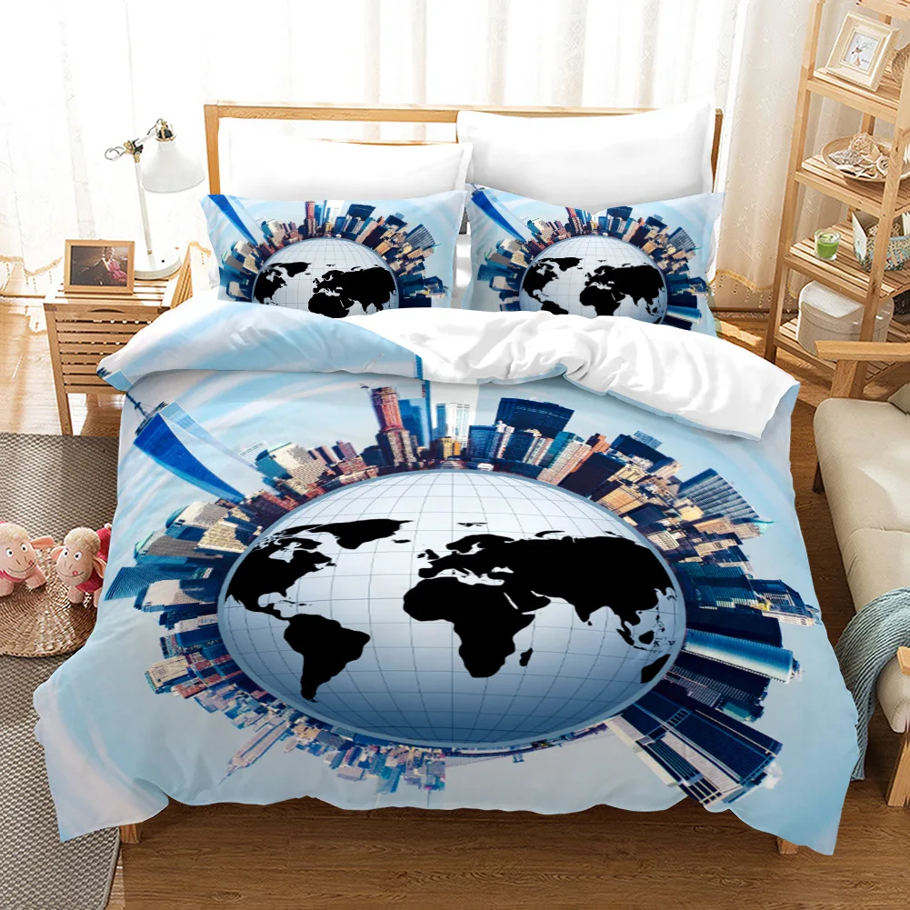 

3D World Map Duvet Cover Global Village Bedding Set Earth Surface City Building Comforter Cover With Pillowcase For Kid Boy Girl