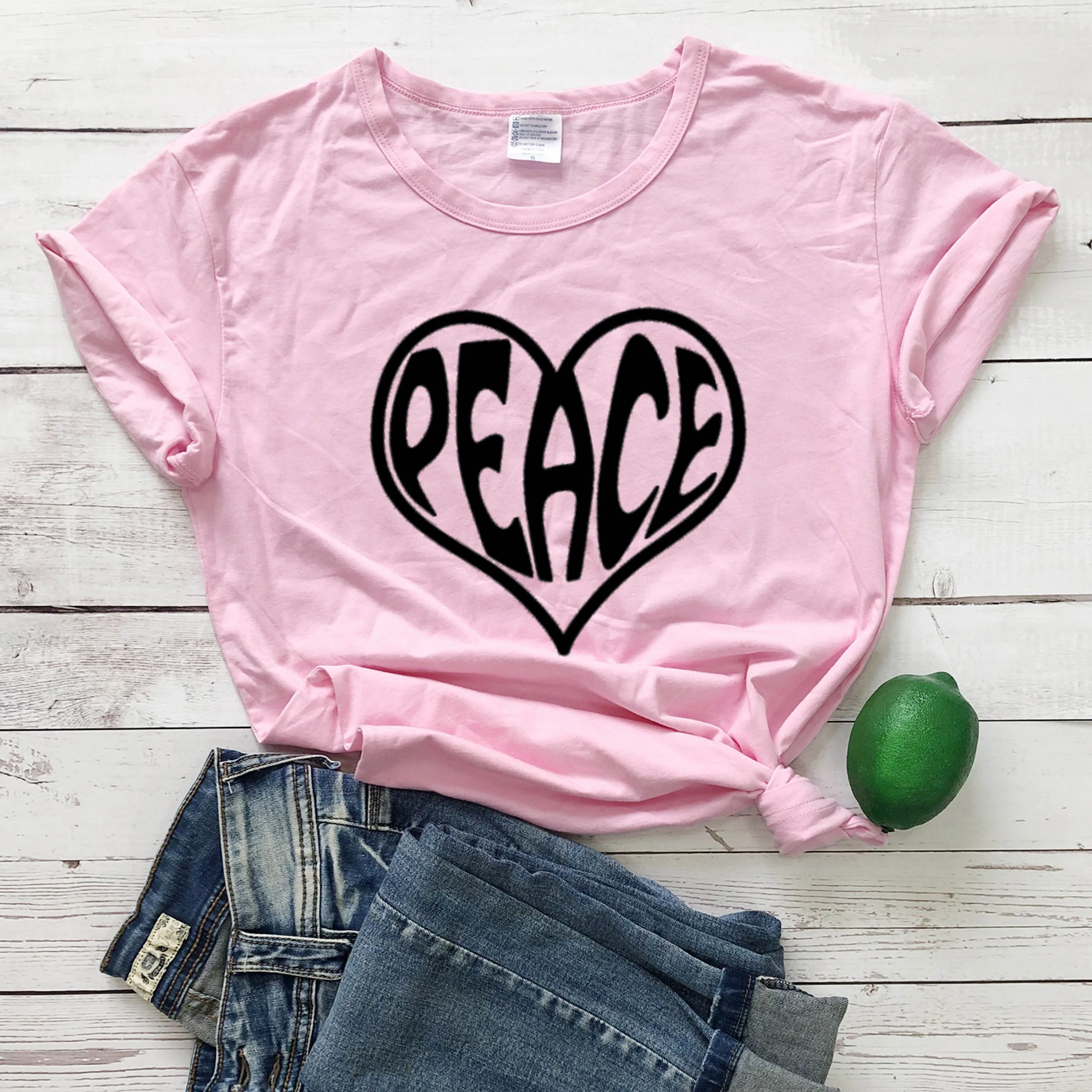 

New Women Fashion Short Sleeve Peace T-shirt Love Casual Tops big heart graphic religion cotton casual tees vintage art top-M949