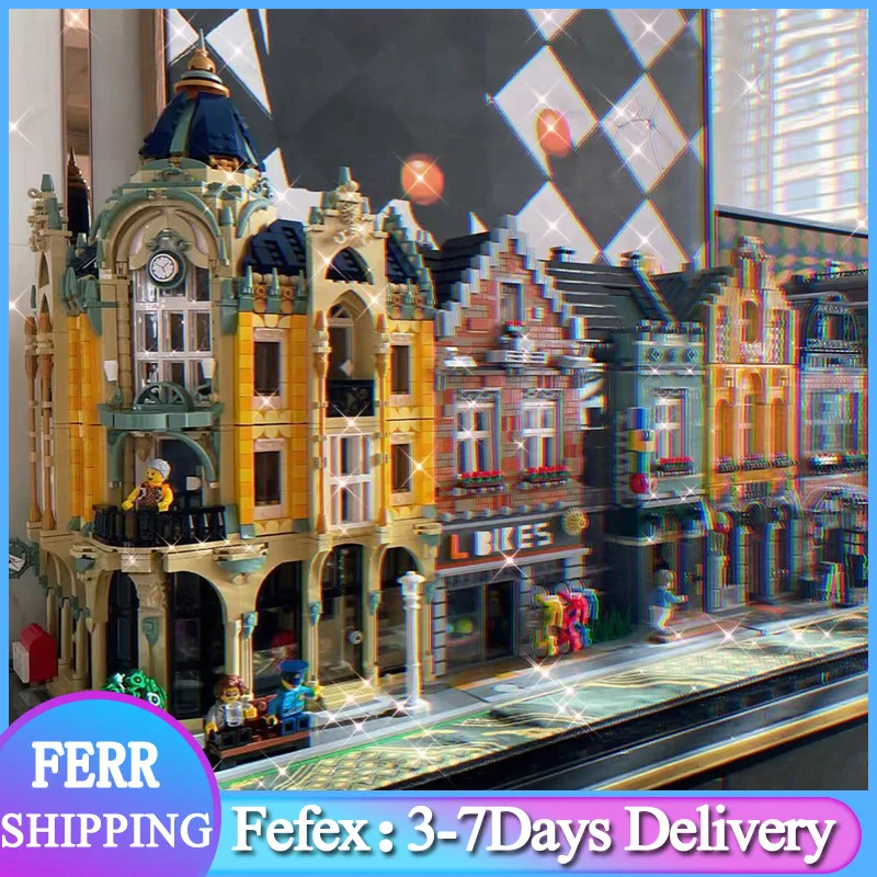 

2021 MOC Creator Expert Shoes Shop Bricks Series Model City Street View Coffee House Brick Bank Kit Building Blocks Kids Toys