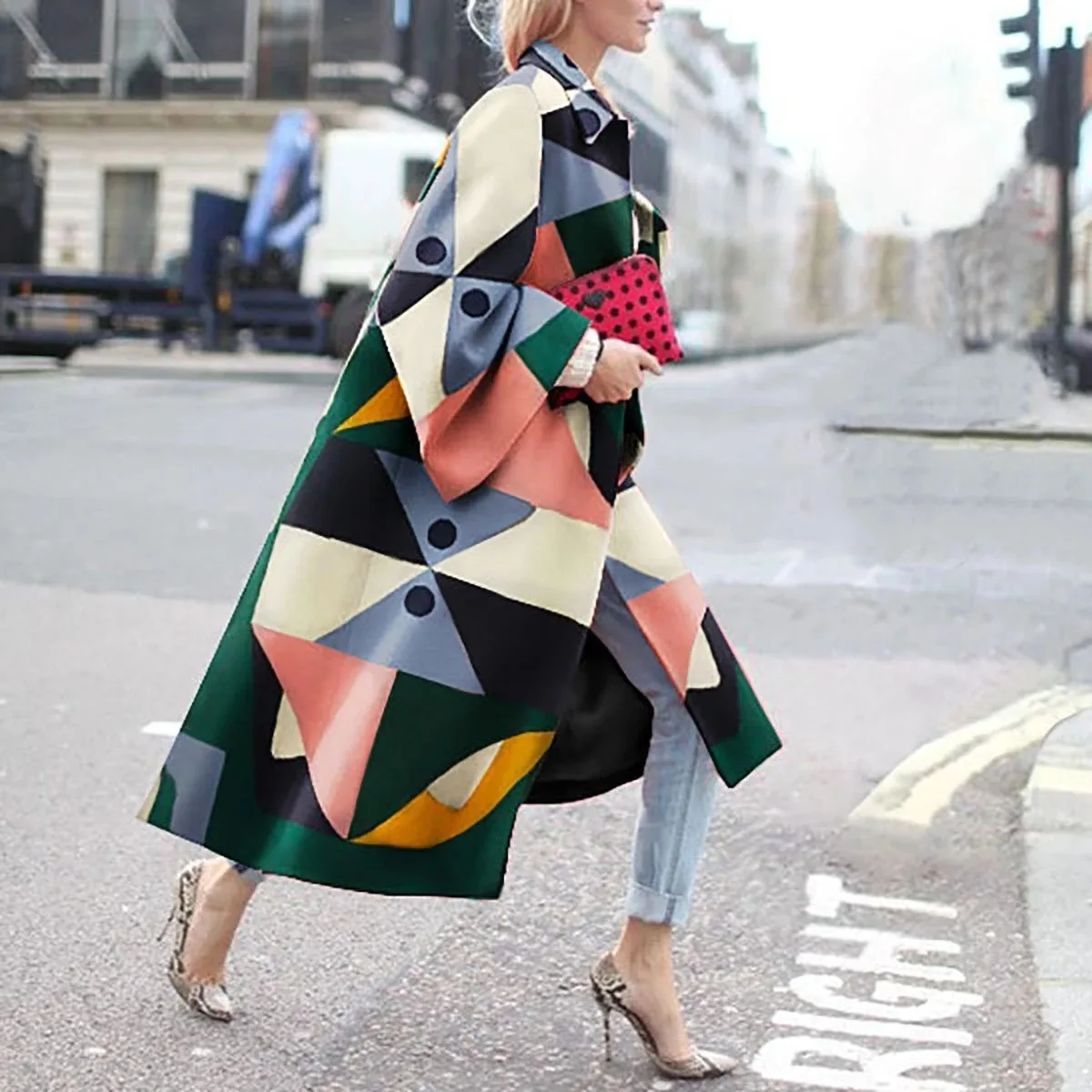 Coat Woven Polyester Real Sale New Arrival Full Casaco Feminino Women's 2020 Geometric Pattern Color Stitching Loose Long Women | Женская