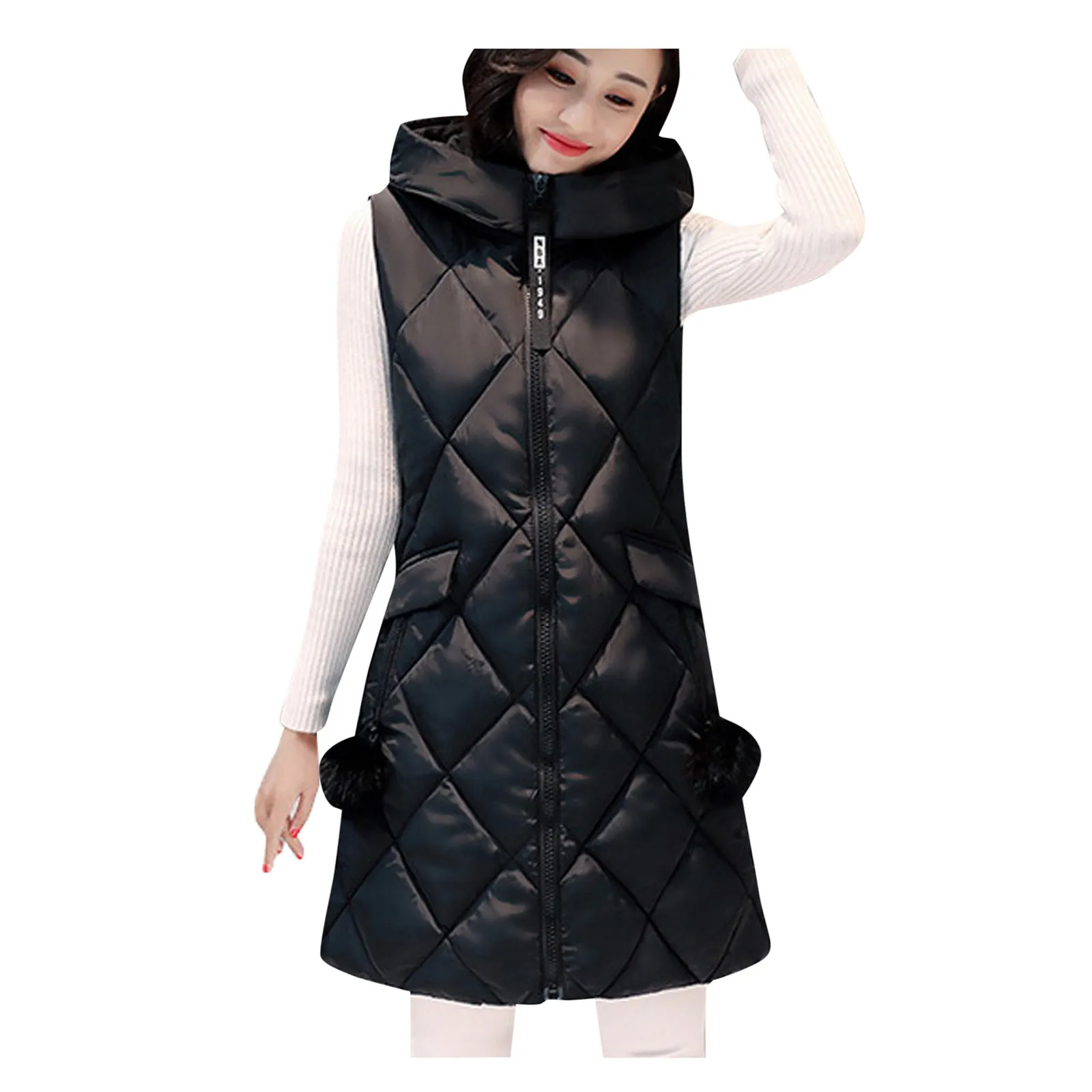 

Женская Стеганая куртка, жилет, зимняя облегающая безрукавка средней длины на молнии с капюшоном и хлопковой подкладкой, пуховик A20