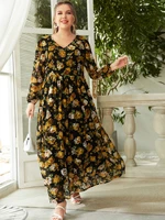 plus size ethnic printed dress abaya for women v neck lone sleeve modest muslim arabic clothes dress cnorigin office lady