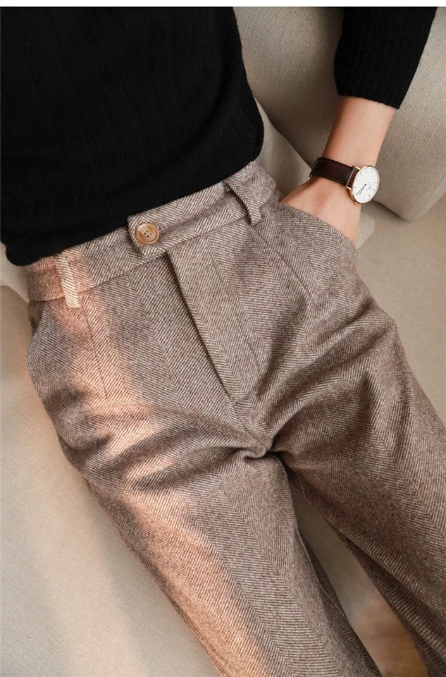 

2021NEW Woolen Pants Women's Harem Pencil Pants 2021 Autumn Winter High Waisted Casual Suit Pants Office Lady Women Trousers