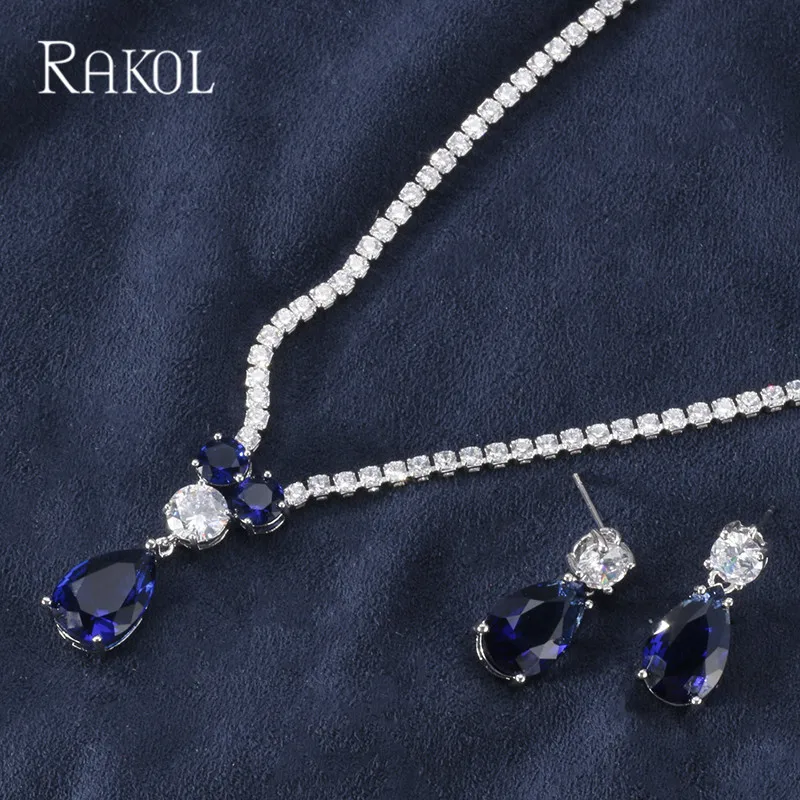 RAKOL Новая мода Роскошные AAA циркон форма капли воды ожерелье серьги набор украшений для женщин вечерние свадебное платье аксессуары