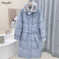 fitaylor winter real fur collar light feather long jacket women loose down fit coat stand collar lace up warm outwear with belt