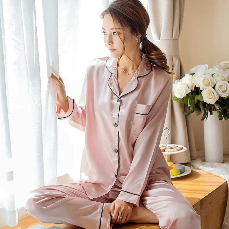 

Одежда для сна для женщин из искусственного шелка и сатина, пижамы, пижамный комплект, одежда для сна с длинными рукавами, домашняя пижама од...