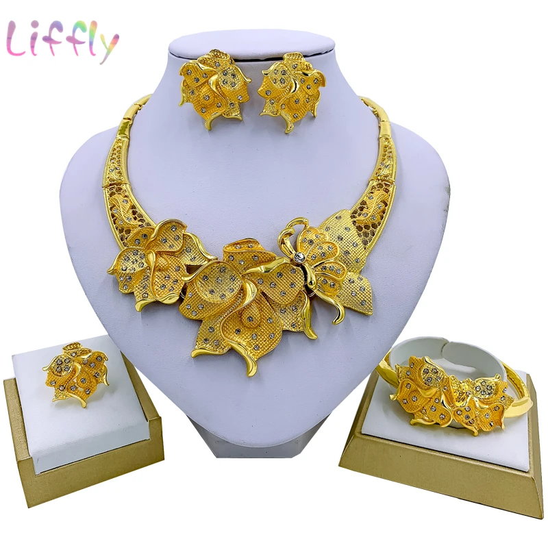 

Liffly African Fashion Jewelry Sets Flower Necklace Bracelet Party Elegant Women Earrings Ring Crystal Jewelry Wedding Gift