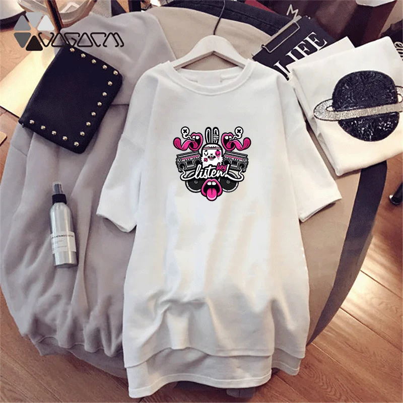 

Mini Dress Elegant Letter Black White Cartoons T-Shirt Dresses Short Sleeve Casual Loose Streetwear Harajuku Vestidos Women