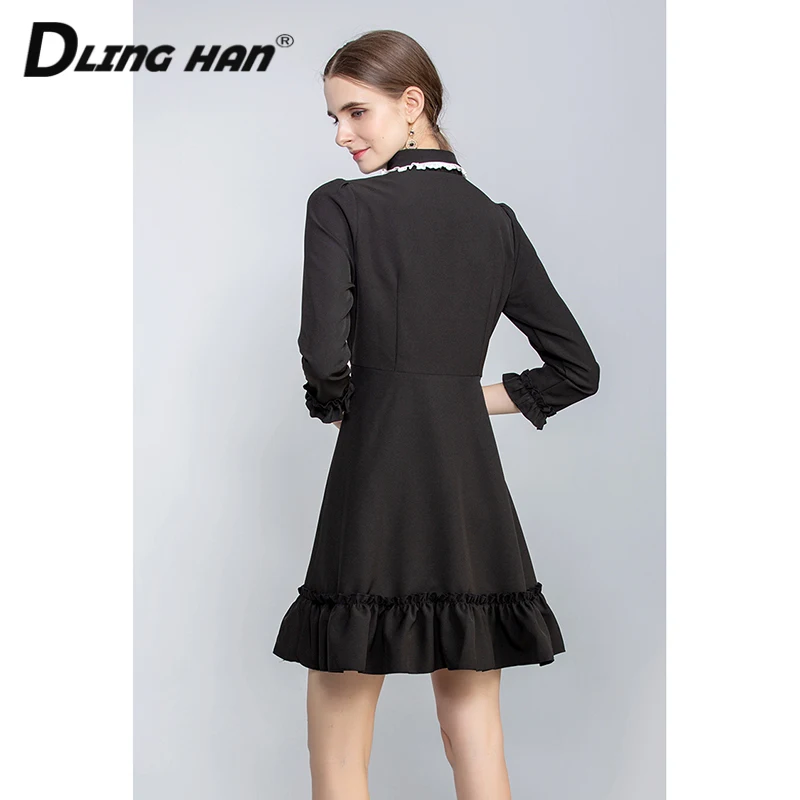 

DLINGHAN Elegant Patchwork Mini Dress Women'sFashion pearl Button 3/4 sleeve black Dresses Designer Autumn New