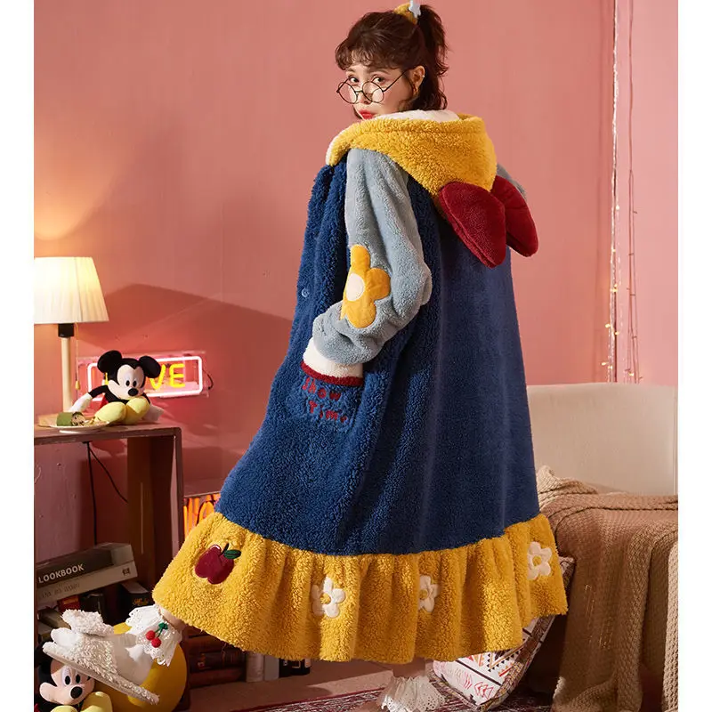 Autumn Winter Facecloth Robe Bathrobe Nightgown Female Thickened Plus Velvet Coral Velvet Medium-length Pajamas Cute Home Wear