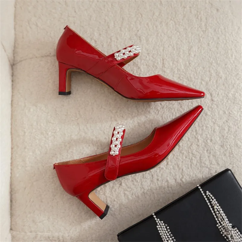

ANNYMOLI Mary Janes Shoes Women Real Leather Chunky Heels Party Pumps Fashion String Bead Square Toe High Heel Footwear Red 42