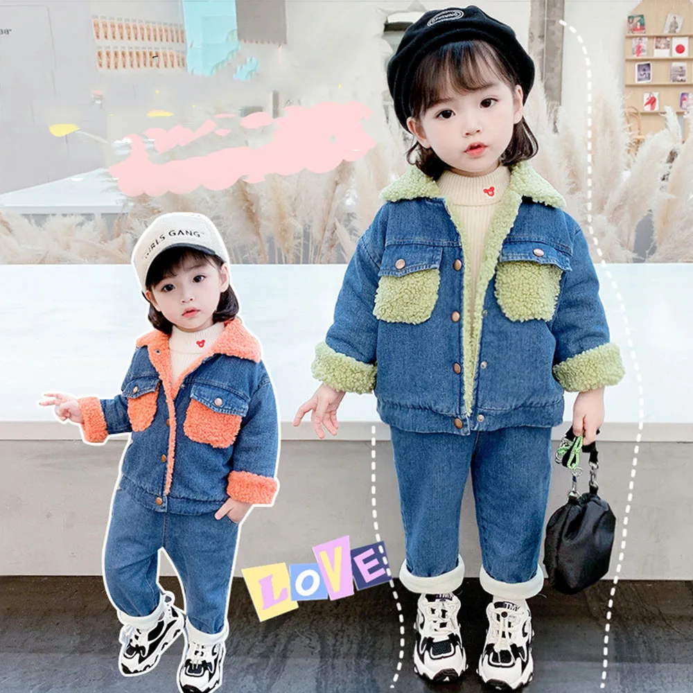 2 шт. детский теплый шерстяной Джинсовый комплект для девочек 1-6 лет | Детская