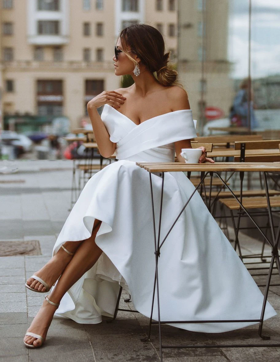 

Simple Tea-length Wedding Dress Off the shoulder White Ivory Satin A-line Short Bride Gowns Beach Back Lacing Wedding Gown