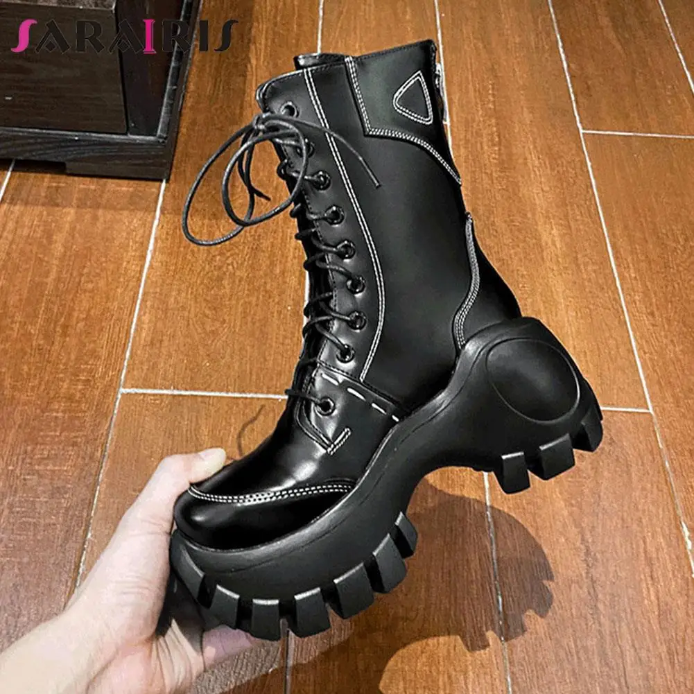 

Женские ботильоны на платформе SaraIris, черные повседневные ботильоны с круглым носком, на шнуровке, на молнии, осень 2021