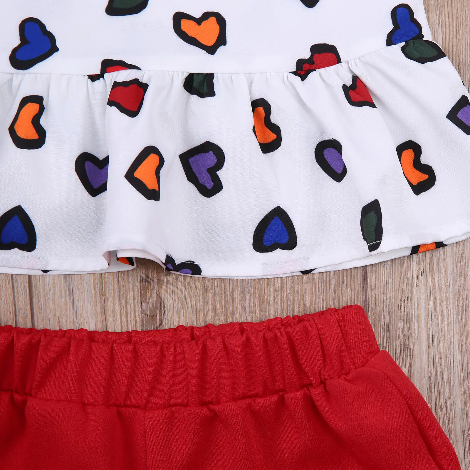 

2PCS Toddler Girls Summer Clothes, Heart Print Ruffle Strap Tops + Elastic Waist Shorts Set