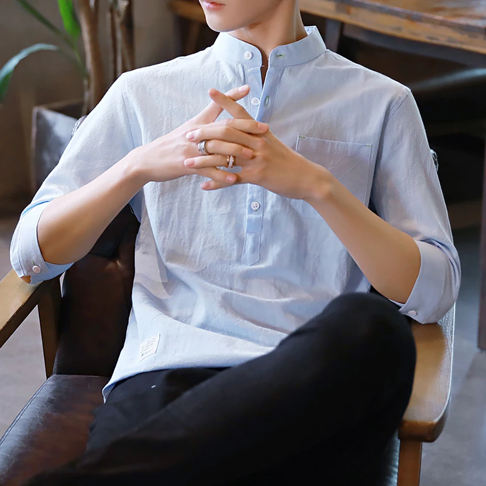 

Men Casual Stand Collar Blouse Three-quarter Sleeve Cotton Linen Shirt Male Top