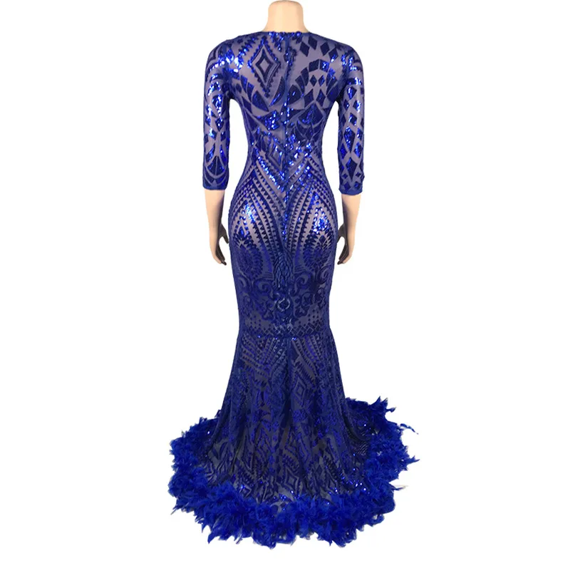 

Evening Dresses Women Sparkling Sequins Floor-Length Sexy Deep V-neck Long Sleeve See-through Skinny Feather Chapel Train Dress