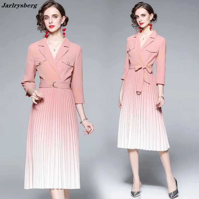

New 2021 Autumn Women Fashion Dresses Turtleneck Suit Collar Midi Elegant Big Swing Bow High Waist Pleated Pink Dress Vestidos