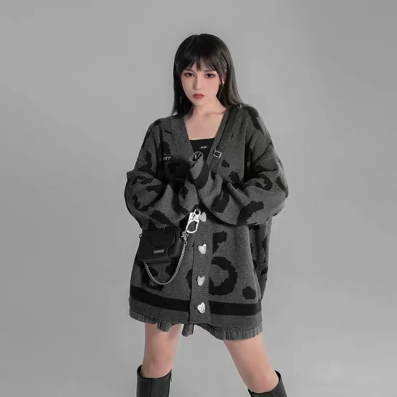 

Женский свободный вязаный кардиган, Серый леопардовый свитер в стиле панк, Новинка для весны и осени