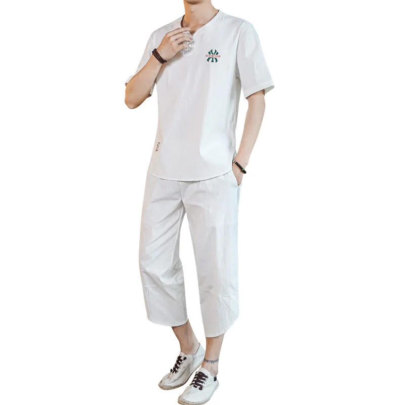 

Men's Clothing Large Size Tracksuit Husband 2021 Summer Suit Linen t-shirt Fashion Male Set Chinese Style Two Piece M-4XL
