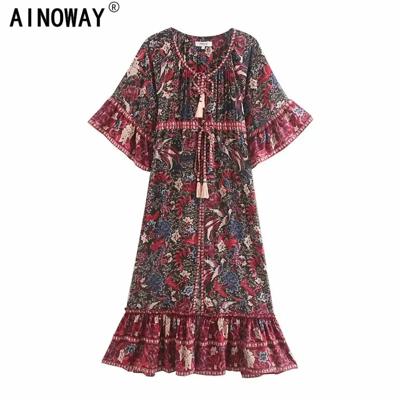 Vintage chic women birds floral print flare sleeve Bohemian rayon cotton maxi dress Ladies v-neck lace-up ruffles Boho vestidos