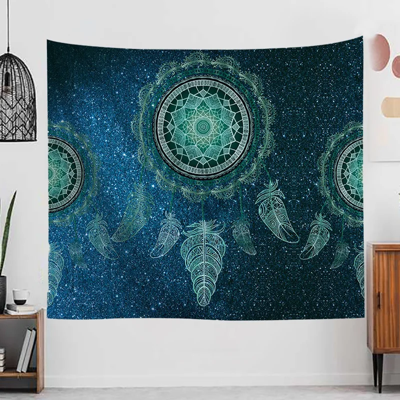 Dream Catcher Tapestry Vintage Painting with Feather Pattern Bedroom Decoration Cloth Livingroom Background Cloth-Green | Дом и сад