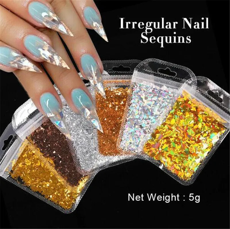 

1 Bag Nail Art Gold Silver Flakes Holographics Irregluar Nail Sequins Decoration Design Sticker Symphony Bags With Sequins