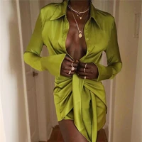 2021 autumn solid sexy single breasted sheath womens dress long sleeve ruched bandage shirt mini dresses beach partywear dress