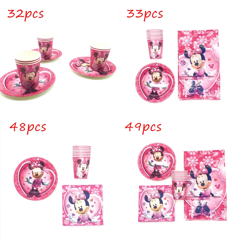 49 шт. Минни Мышь День рождения украшения Розовый Бумага кружки тарелки салфетки