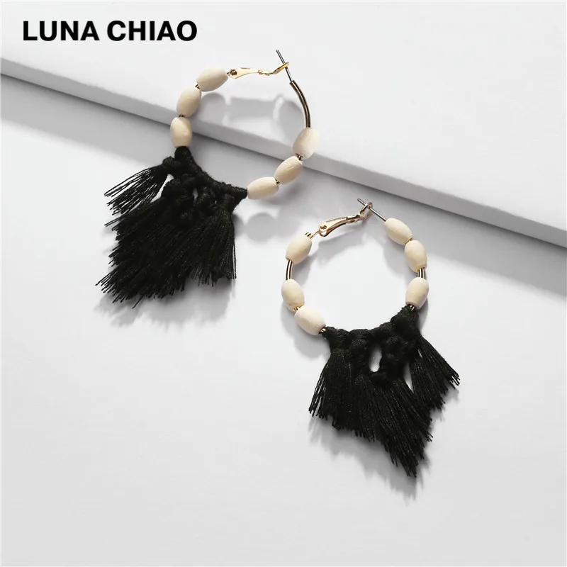 Женские плетеные серьги кисточки LUNA CHIAO стильные висячие из хлопковой нити на