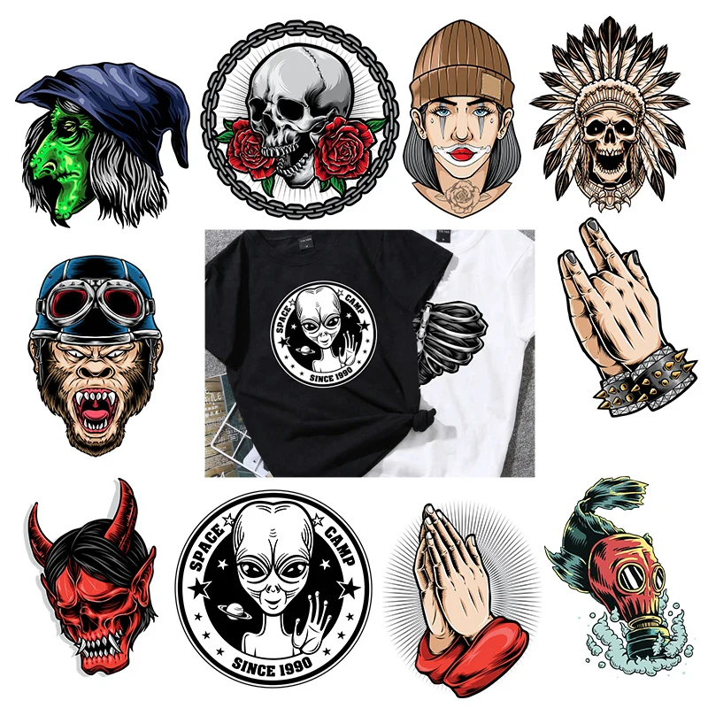 

Punk Skeleton Heart Transfer Patches For Jacket Iron On Stripes Appliques 3D Diy Clothes Stickers Clothing decorate