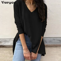 new autumn women t shirt solid color v neck loose long sleeve tshirt plus size basic tee shirt tops commuter minimalist style