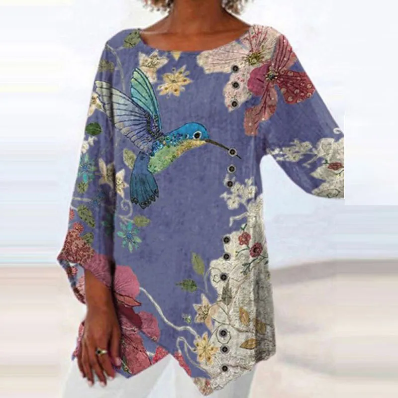 

Винтажная модная блузка с длинным рукавом, топы, осенние женские элегантные рубашки с круглым вырезом и богемным принтом, Повседневный пуло...