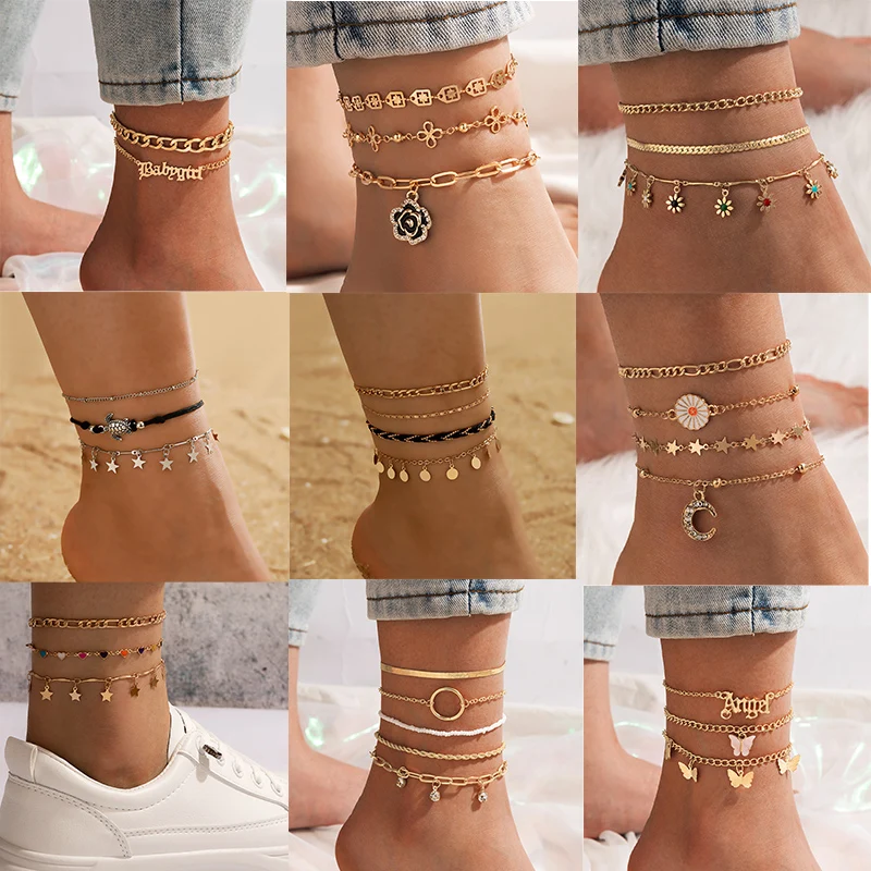 

HuaTang Boho Butterfly Letter Pendant Anklets for Women Gold Color Star Sequins Chain Anklet Charming Foot Beach Jewelry Gift