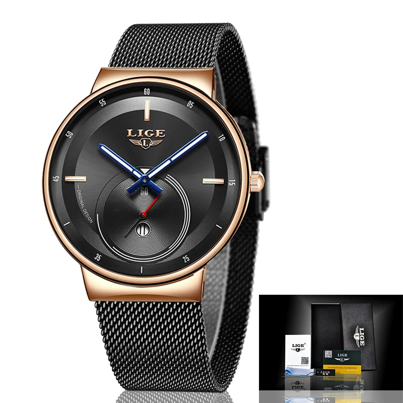 

LIGE Women Fashion Watch Creative Lady Casual Watches Stainless Steel Mesh Band Stylish Desgin Luxury Quartz Watch For Women+Box