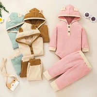 newborn baby 2pcs ribbed outfit set long sleeve solid color ears hoodie and pants set for kids boys spring autumn