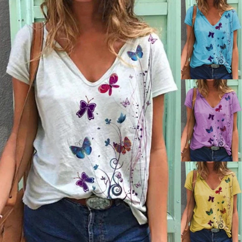 

2022 Summer T-Shirt Lady Short Sleeve Printed V-Neck Tops Butterfly Print Tee Casual Loose Top Women's Clothing