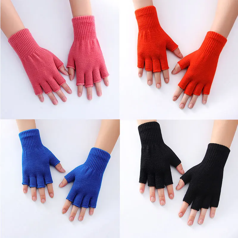 

Knitted Mittens Inside Plus Velvet Cycling Gloves Half Finger Gloves Solid Color Elastic Fingerless Gloves 1 Pairs Winter Warm