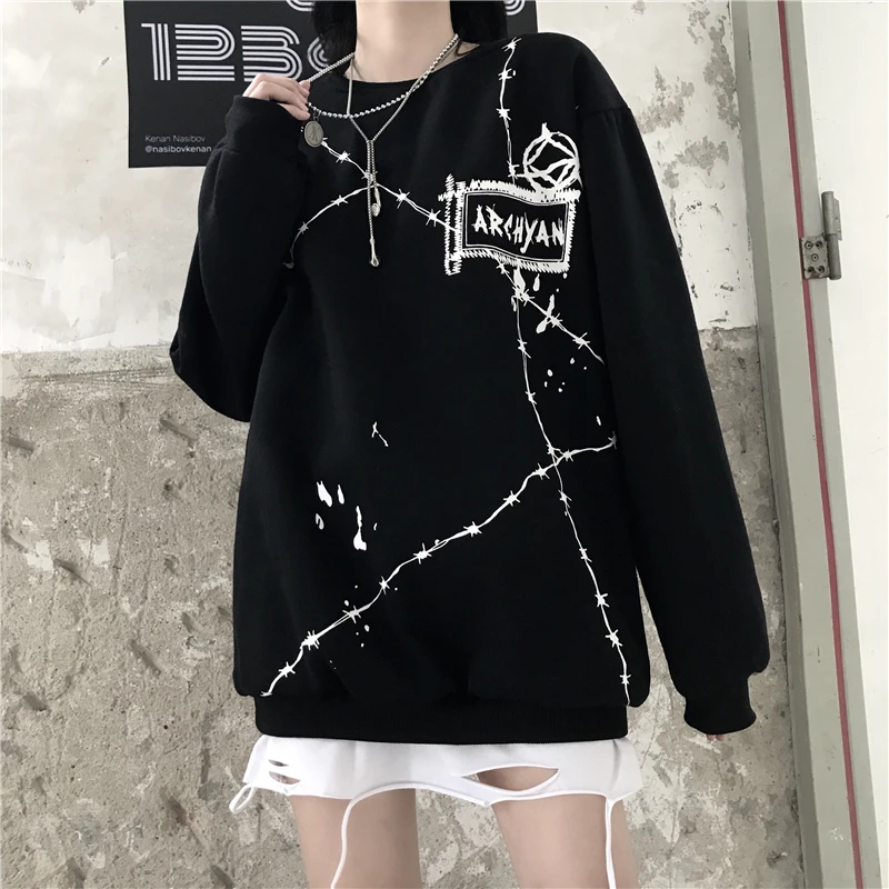 Гранж Повседневная Женская Печать Черная Толстовка уличная одежда|Женские