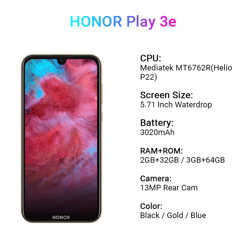 Оригинал HONOR Play 3e 3 e MT6762R Helio P22 2 ГБ 32 мобильный телефон Восьмиядерный 5 71 дюймов 13 МП