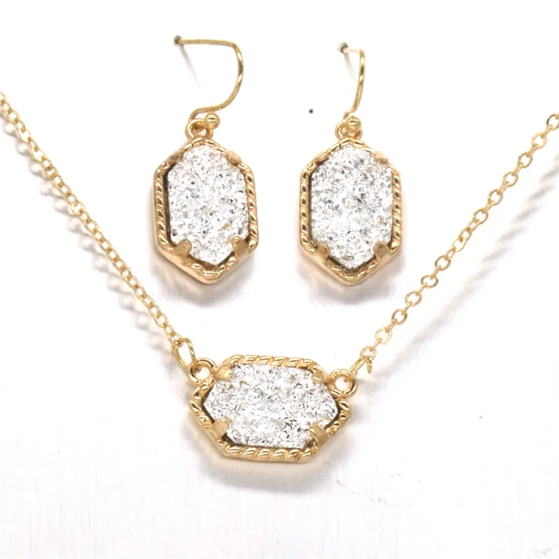 Druzy Drusy ожерелье серьги ювелирный набор с камнем из смолы золотые шестигранные