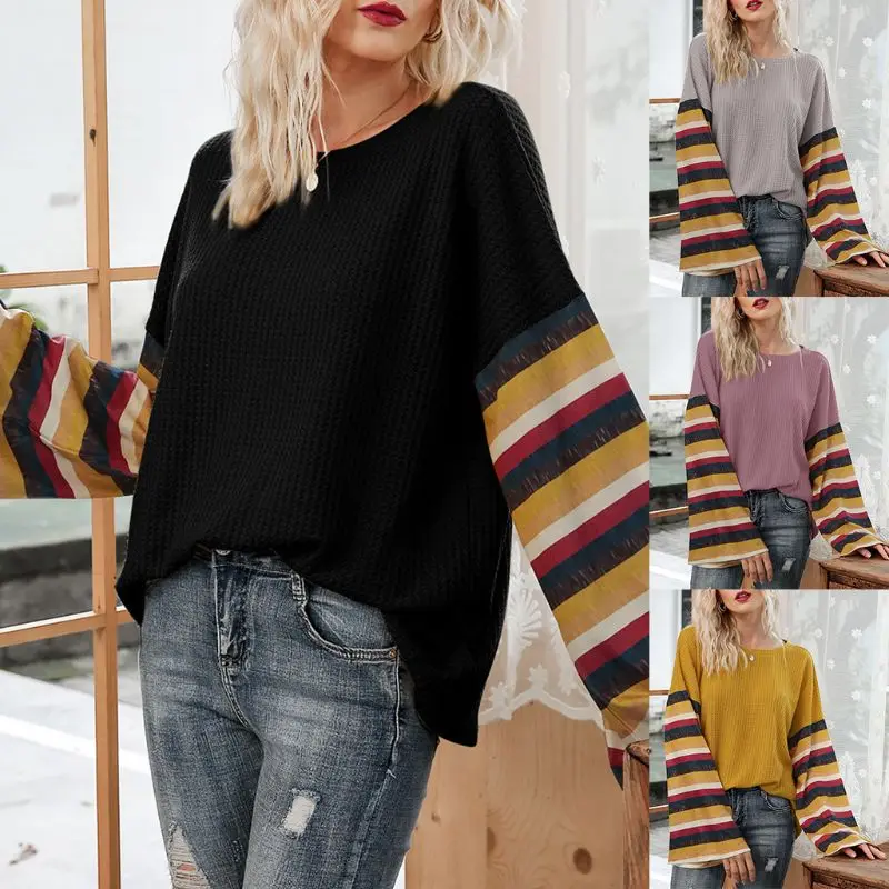 

Womens Autumn Flare Long Sleeves Sweater O-Neck Color Block Striped Patchwork Loose Tops Waffle Knitted Pullover Jumpers