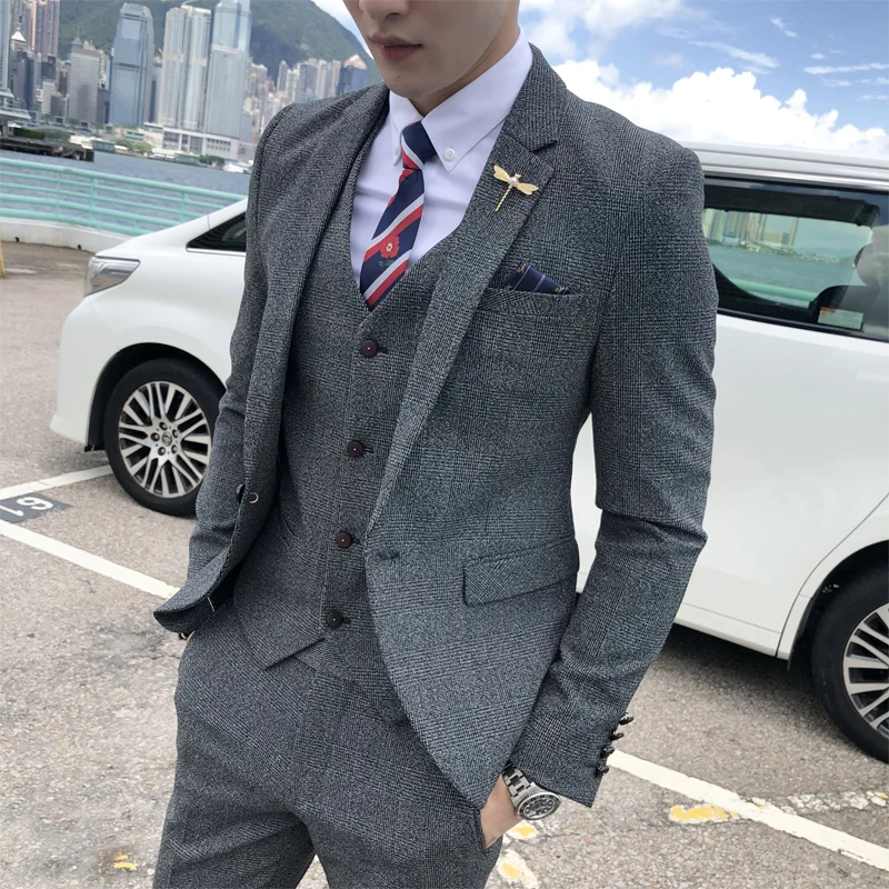 Plyesxale серого цвета и хаки мужские свадебные костюмы платья Slim Fit Мужская мода