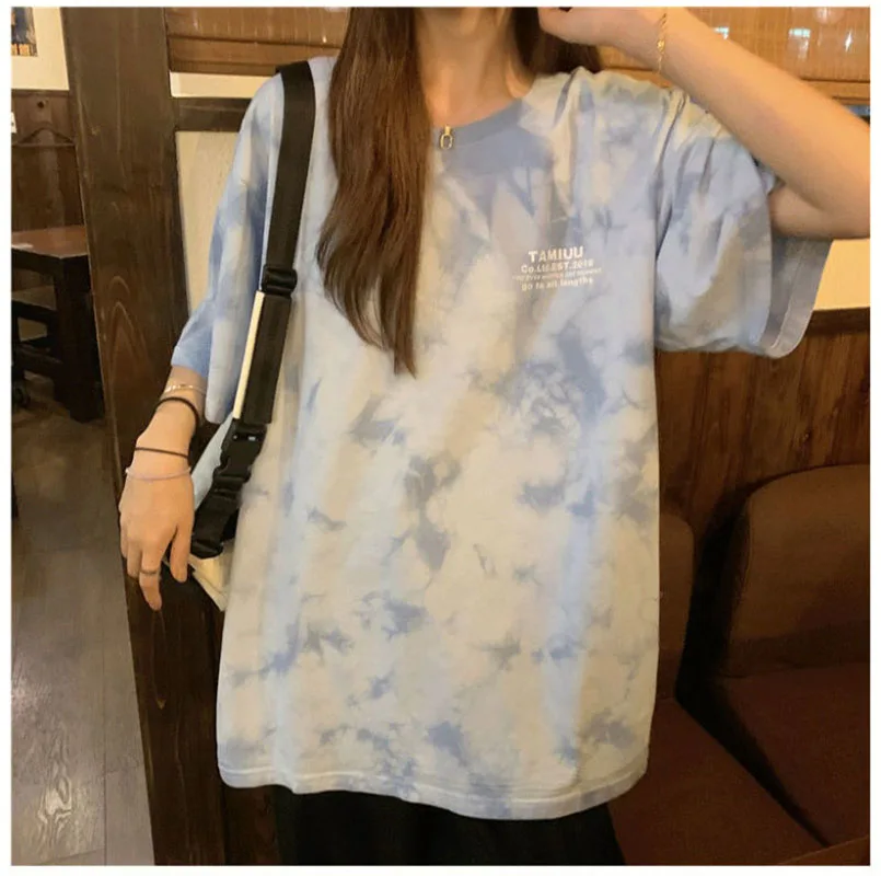 

GODLIKEU Womens Tie Dye Short Sleeved T Shirt Loose Korean Harajuku Style Hiphop Street Half Sleeve Top Femme